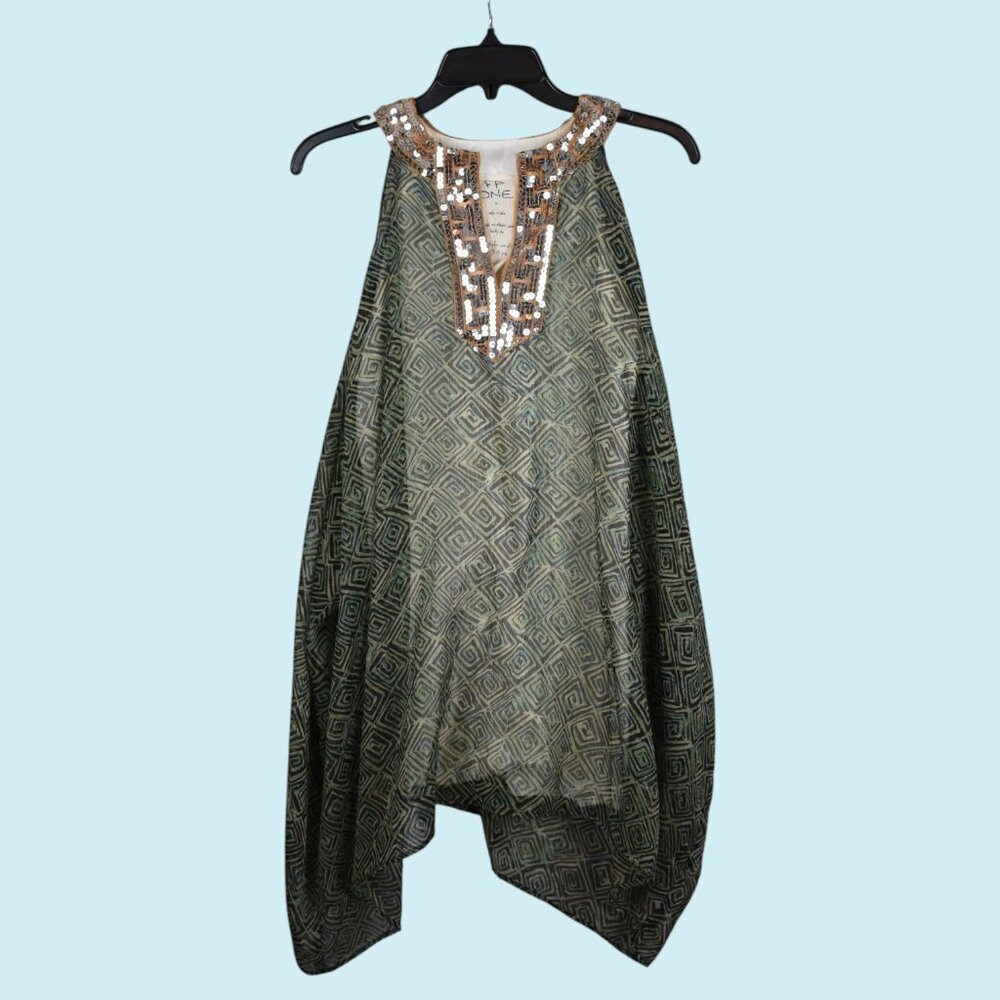 Free People One Dress XS Sleeveless Green Geometric Kaftan Sequin Collar Boho